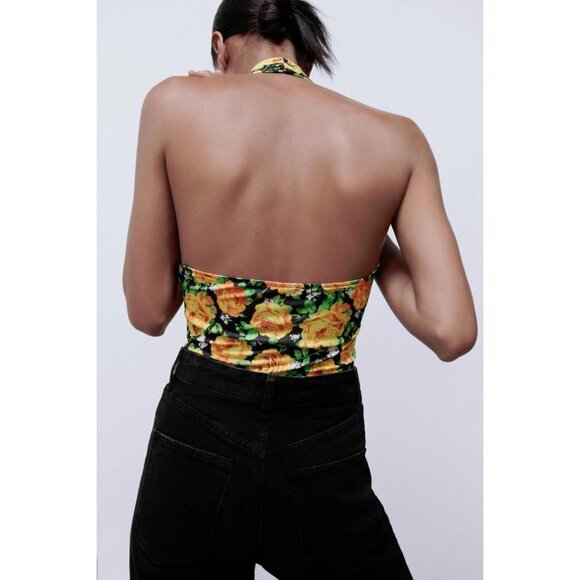 NWOT Zara multicolour floral print crossover, twist halter plunge neck bodysuit - Picture 5 of 10